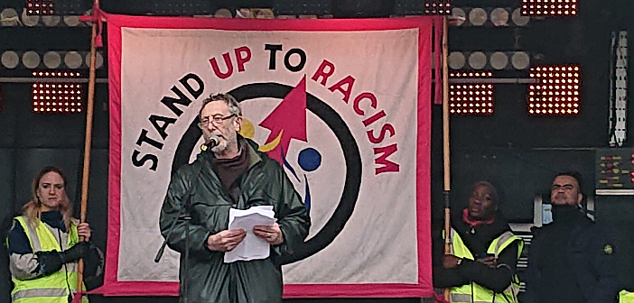 Michael Rosen speaking at Stand Up to Racism demonstration